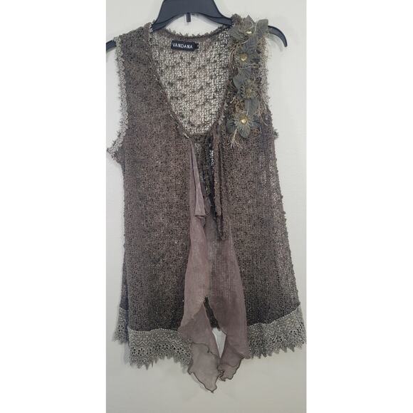 Vandana Sleeveless Kimono Womens Medium Gypsy Boho Lace Embellished Brown - Picture 1 of 7
